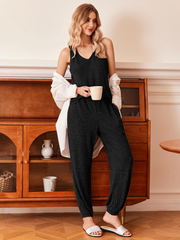 Solid color V-neck knitted vest trousers pajamas home wear set