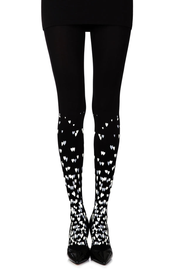 Zohara 120 Denier Black Tights With Grey and Silver Heart Print Design