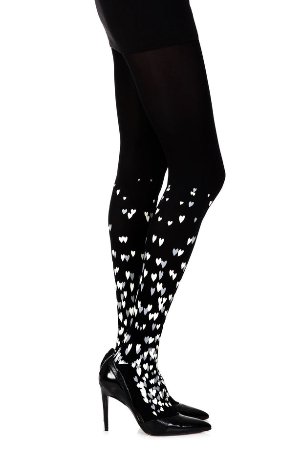 Zohara 120 Denier Black Tights With Grey and Silver Heart Print Design