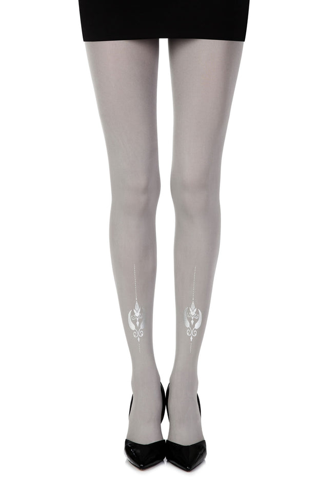 Zohara 120 Light Grey Opaque Tights Adorned in Indian Silver Jewel Print