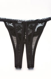 Shirley of Hollywood Elegant Crotchless Black Thong Panty with Scalloped Embroidery