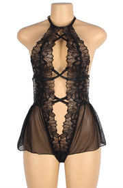 YesX Sensational Black Open Front Deep V Teddy in Lace and Tulle