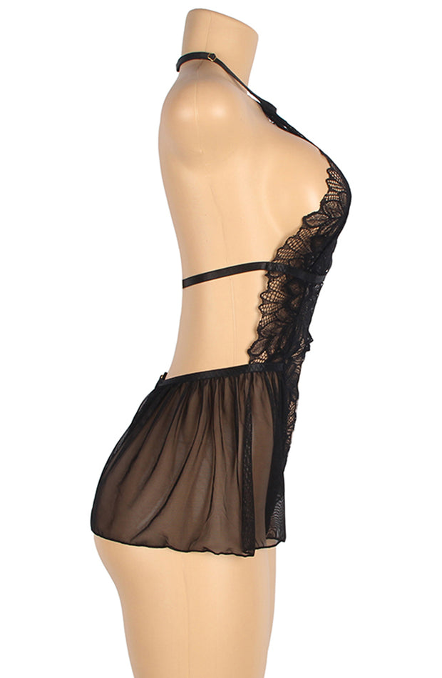YesX Sensational Black Open Front Deep V Teddy in Lace and Tulle