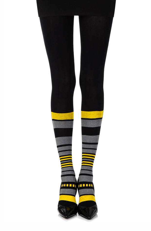 Zohara Black 100 Denier Tights with Grey and Yellow Socks Print Design