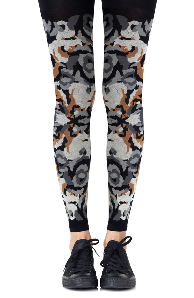 Zohara Black Footless Tights With Grey And Orange Allover Print