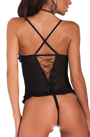 Demi Black Stretchy Crotchless Body with Ruffle Cups and Diamante Accents