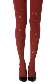 Zohara 120 Denier Rust Tights With Allover Gold Crown Print Design