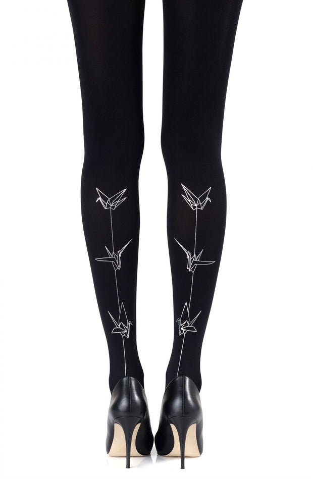 Zohara Black Tights With Silver Origami Inspired Bird Graphics Print