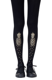 Zohara 120 Denier Black Tights With Golden Pineapples Print
