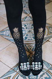 Zohara 120 Denier Black Tights With Golden Pineapples Print