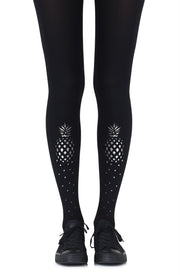 Zohara 120 Denier Black Tights With Silver Pineapples Print