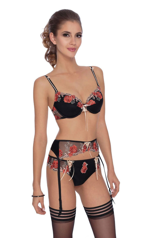 Roza Natali Floral Embroidered Bra with Lace-Up Detail Black