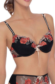 Roza Natali Floral Embroidered Bra with Lace-Up Detail Black