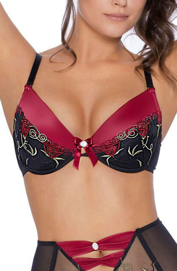 Roza Rufina Striking Floral Embroidered Push Up Bra In Black