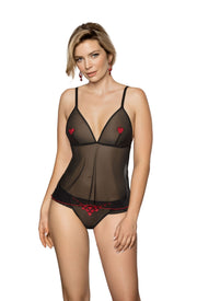 Roza Rubii Black Top with Romantic Red Heart Embroidery