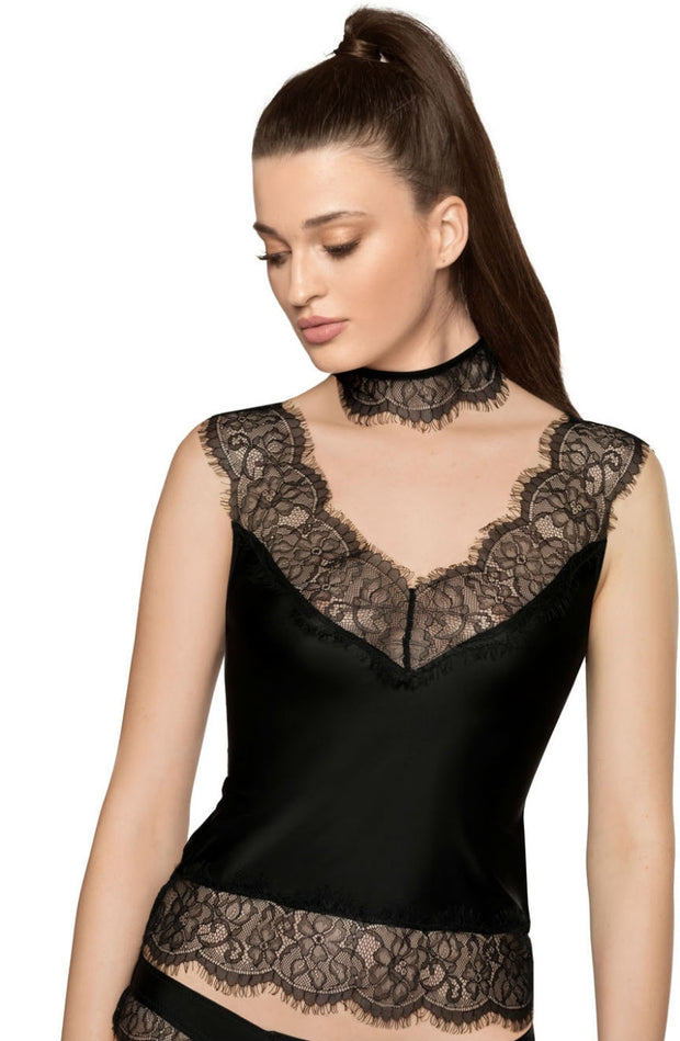 Roza Sija Black Lace Shirt with Elegant Eyelash Lace Accents